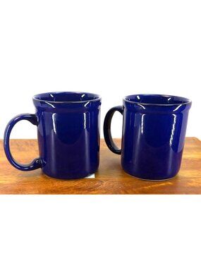 Pair of Vintage Cobalt Blue Diner Mugs - Heavy Ceramic Restaurant Ware Coffee Cu